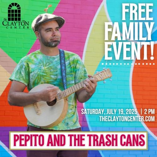Pepito and the Trash Cans Free Family Event photo of man in tye dye shirt with ukulele and silly hat
